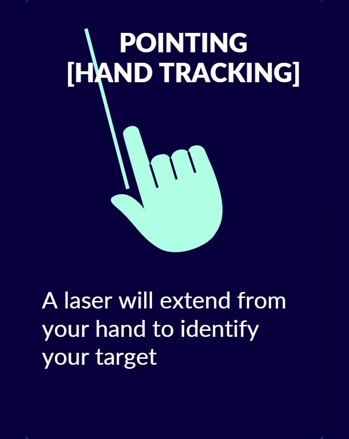 Pointing (hand tracking): a laser will extend from your hand to identify your target.