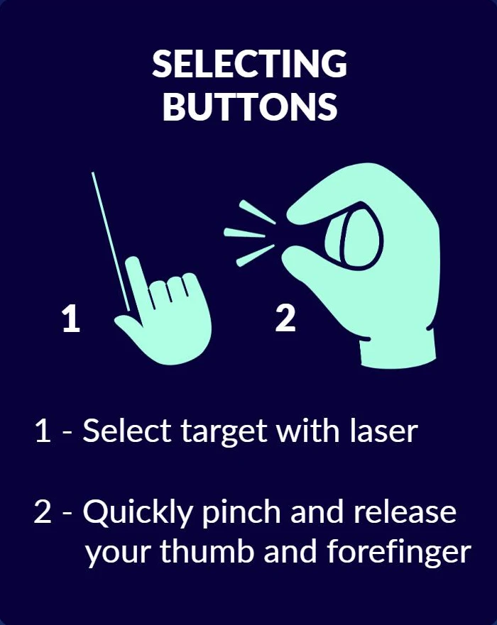 Selecting buttons: 1, select target with laser. 2, quickly pinch and release your thumb and forefinger.