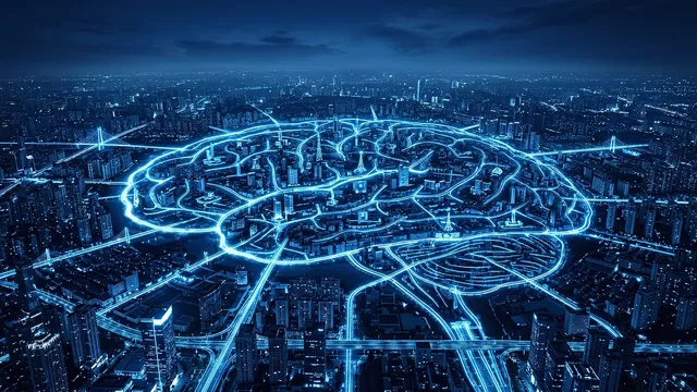 A city skyline at dusk overlaid with a network of lights, standing in for the brain economy